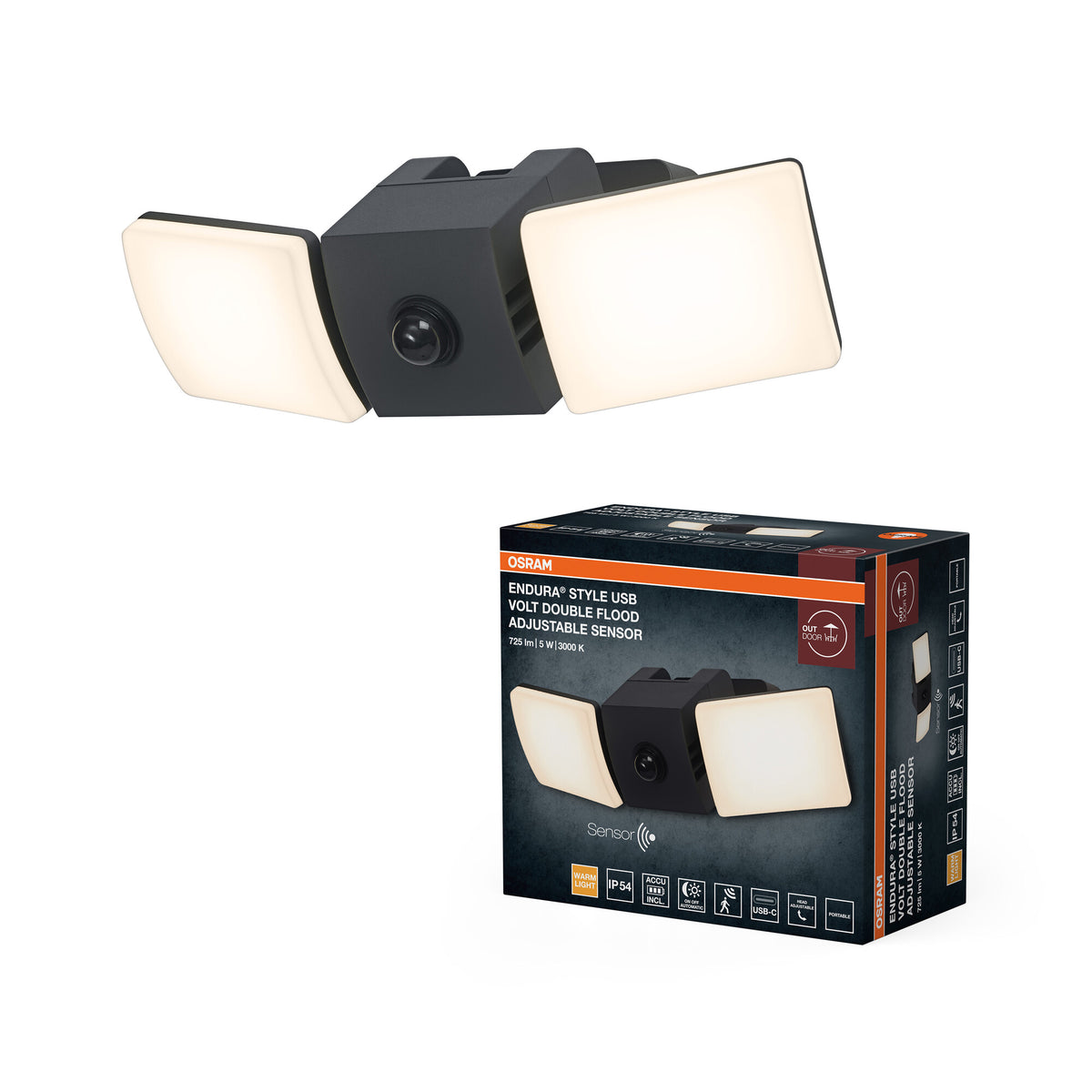 Lámpara de pared para exterior OSRAM, gris oscuro, batería recargable con USB-C, sensor de movimiento PIR, sensor de luz natural, 535 lm, 3000 K, ángulo de haz de 110°, IP54, 5 W, vida útil de 50 000 h