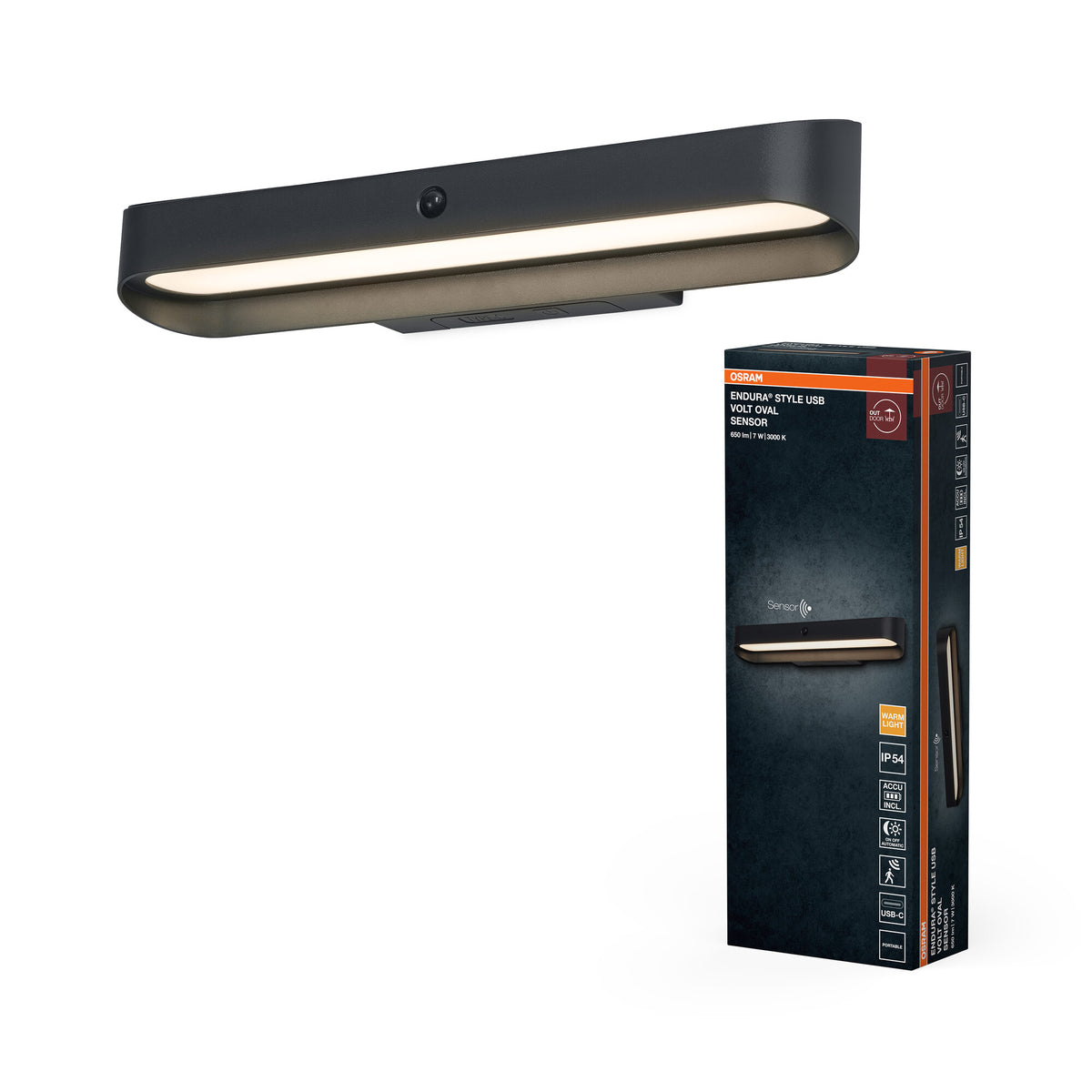 Lámpara de pared para exterior ENDURA Style USB Volt, gris oscuro, 7,00 W, 265 lm, 3000 K, ángulo de haz de 108°, vida útil de 50 000 h, IP54, batería con USB-C, sensor de movimiento, aluminio