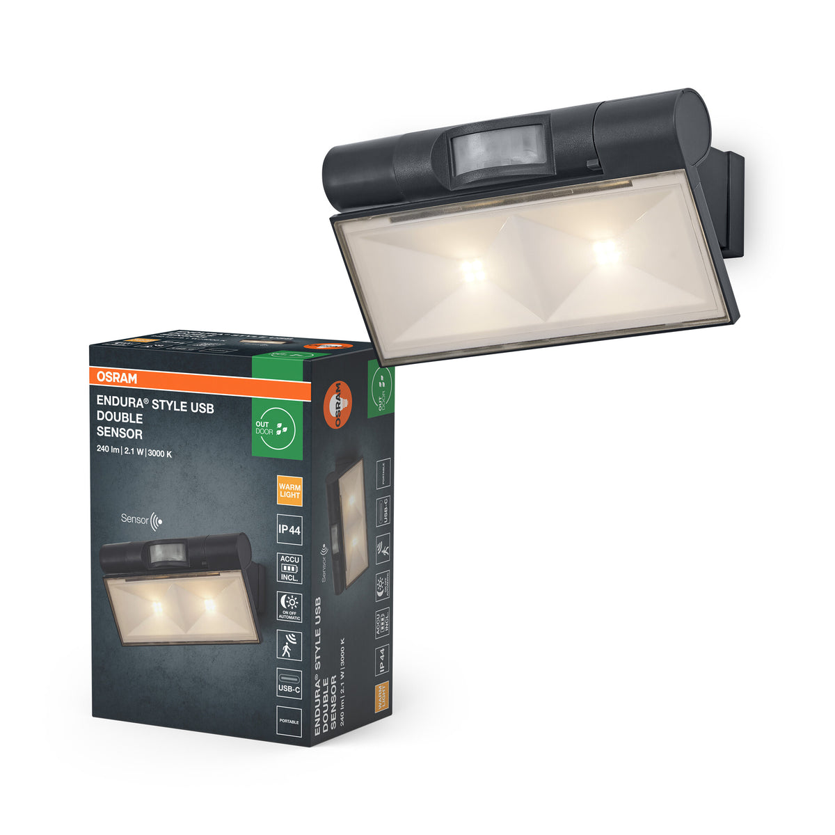 Lámpara de pared exterior recargable USB OSRAM ENDURA® Style 2,1 W con sensor ascendente-descendente IP44 gris oscuro