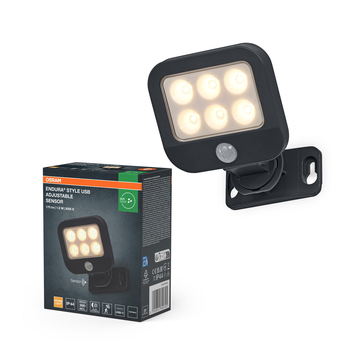 OSRAM ENDURA® Style USB Akku Außenwandleuchte 1.8W 3000K Up-Down Sensor Dark Grey
