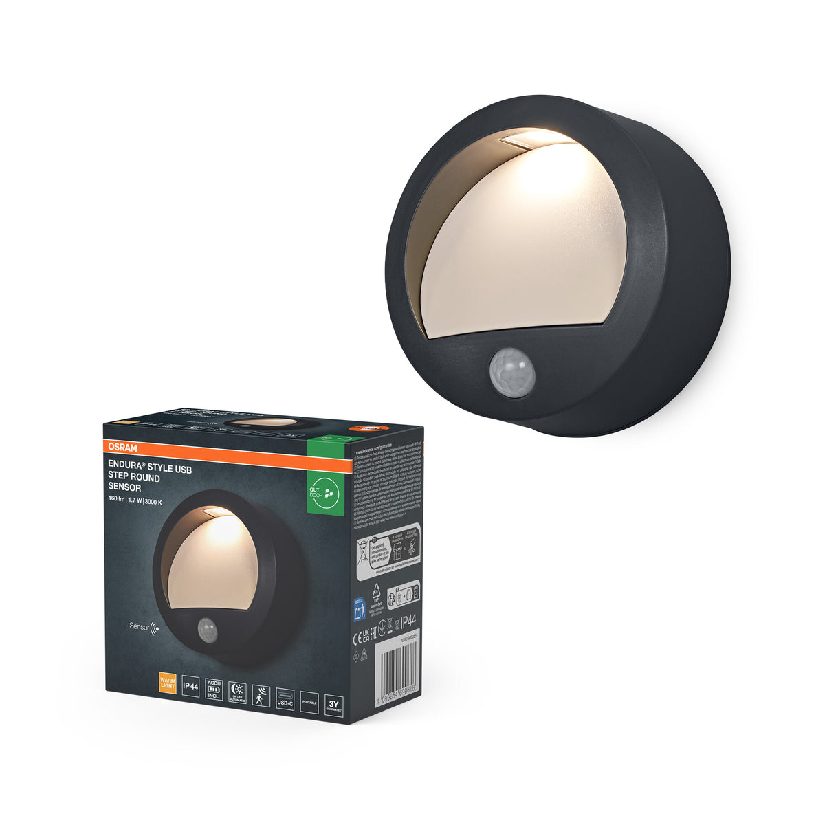 OSRAM ENDURA® Style USB Akku Außenwandleuchte Wall 1.7W Sensor IP44 Dark Grey