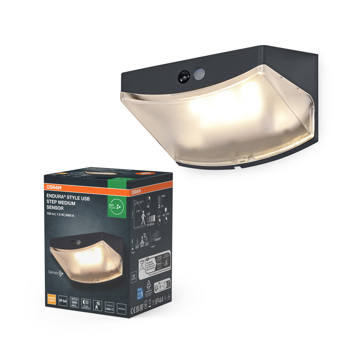 Lámpara de pared exterior recargable USB OSRAM ENDURA® Style Wall 1,5 W Sensor IP44 Gris oscuro