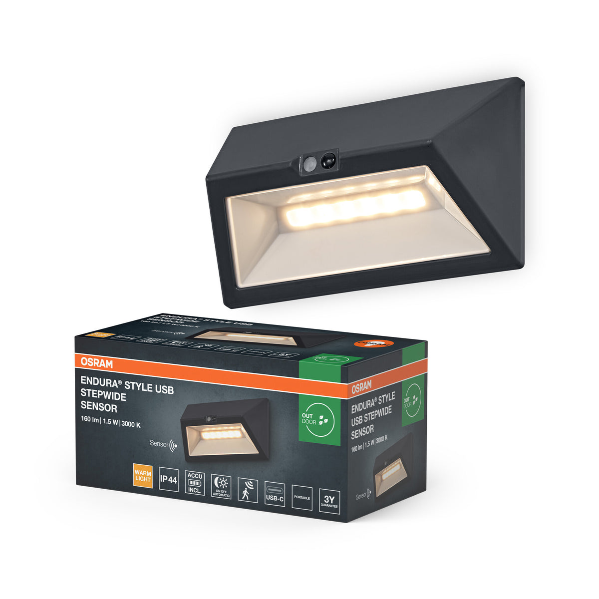 ENDURA® Style Außenwandleuchte USB Wall Step Wide Sensor 3000K IP44 Dunkelgrau