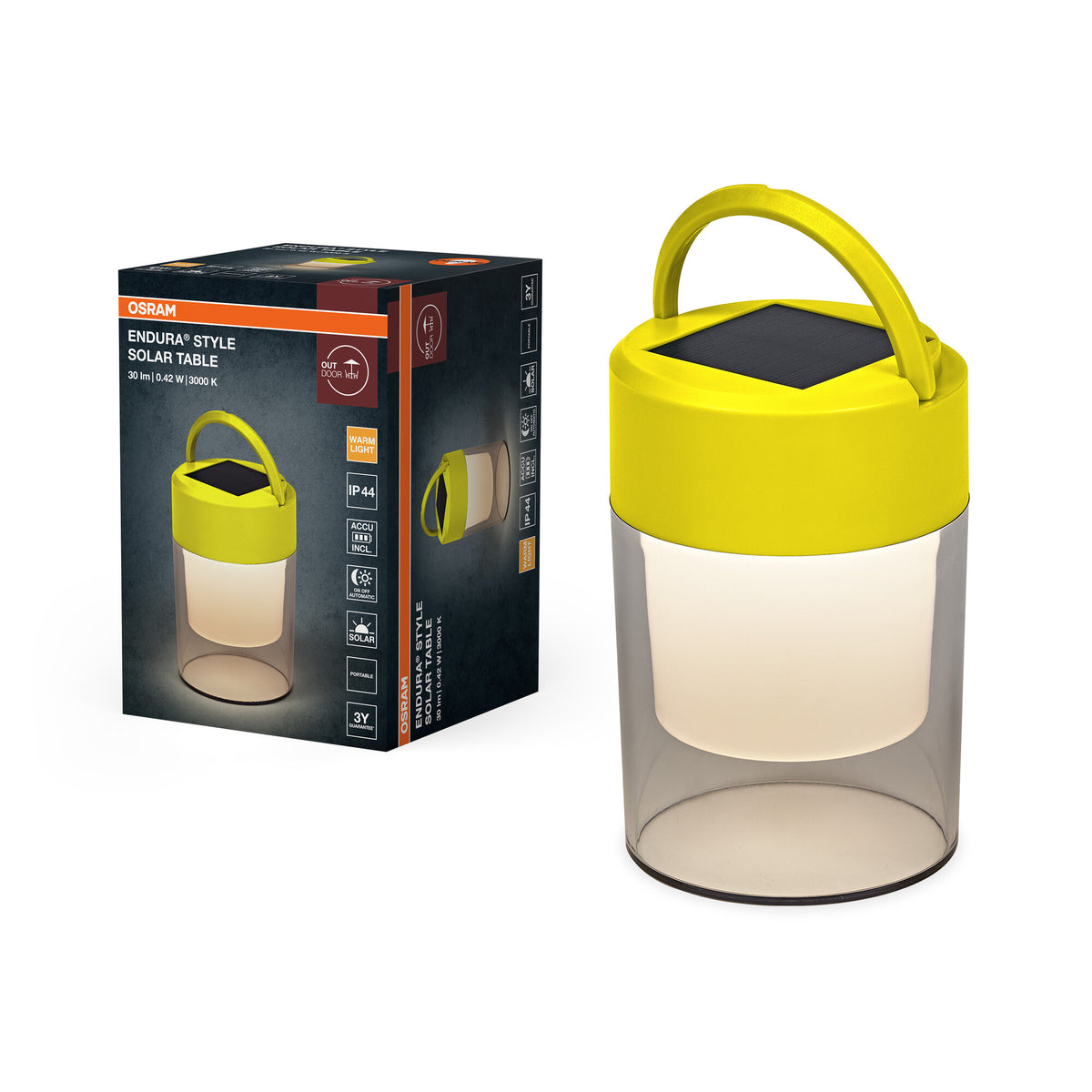 Lámpara de mesa solar ENDURA Style, amarilla, alimentación solar, 3000 K, 20 lm, ángulo de haz de 170°, IP44, 199 mm de altura, 25 000 h de vida útil, regulable, batería de iones de litio, 8 h de tiempo de carga