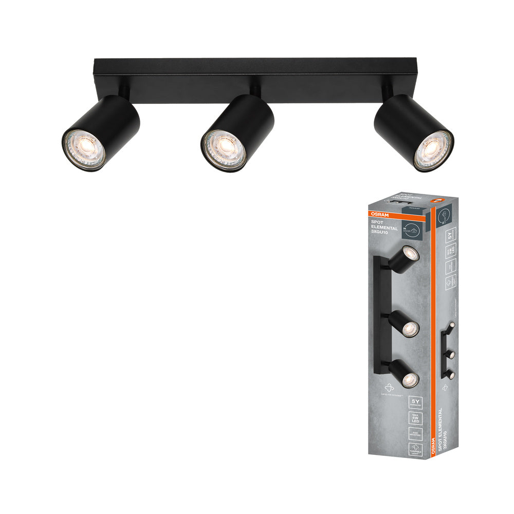 Foco LED de 3 puntos OSRAM ELEMENTAL Negro, Luz, 3xGU10, Negro, 37 x 13,8 x 6 cm