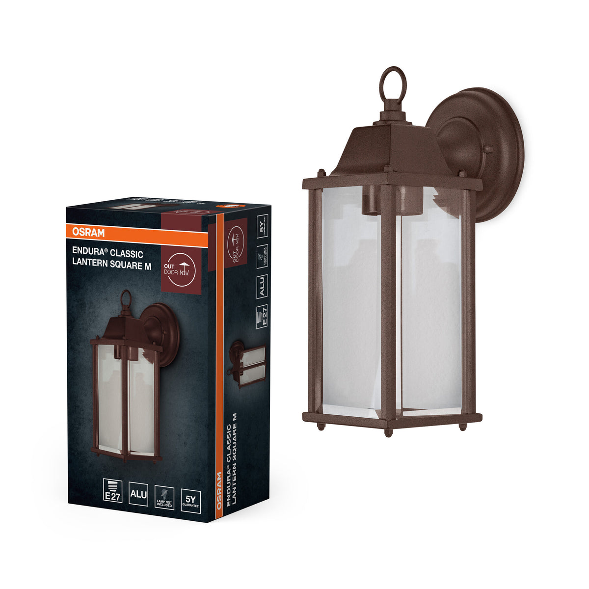 Lámpara de pared para exterior OSRAM, color óxido, casquillo E27, carcasa de aluminio, cubierta de cristal, IP43, 220–240 V, 105 mm de largo, 150 mm de ancho, 293 mm de alto, 1 bombilla, tornillos de montaje