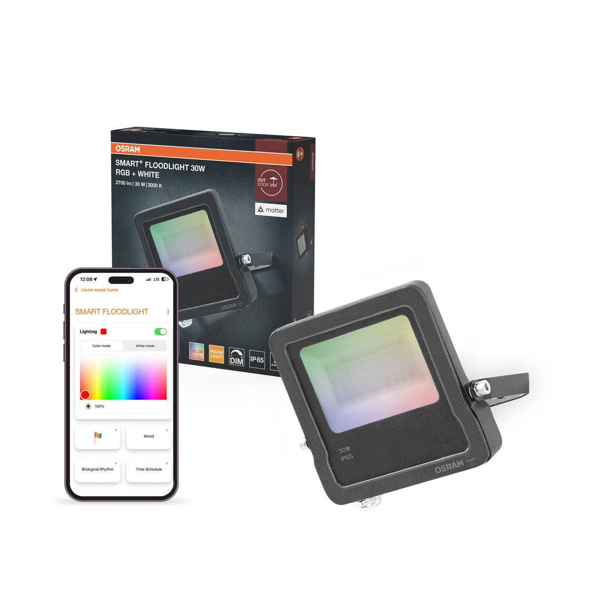 OSRAM SMART+ MATTER Floodlight, proyector LED, 20 W, 1600 lm, RGBW (16 millones de colores), 3000 K, WiFi, Matter, Alexa/Google, IP65