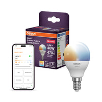 OSRAM SMART+ ZIGBEE Temperatura de color regulable  en formato P, bombilla LED, mate, 4,9 W, 470 lm, de 2700 a 6500 K, Wi-Fi, Google Assistant, Amazon Alexa, compatible con altavoces inteligentes, regulable