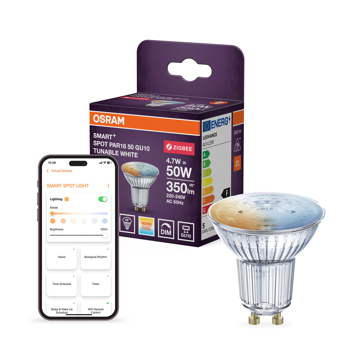 OSRAM SMART+ ZIGBEE Spot Temperatura de color regulable  en formato PAR16, foco LED, cristal, 4,7 W, 350 lm, de 2700 a 6500 K, Zigbee, compatible con altavoces inteligentes, regulable