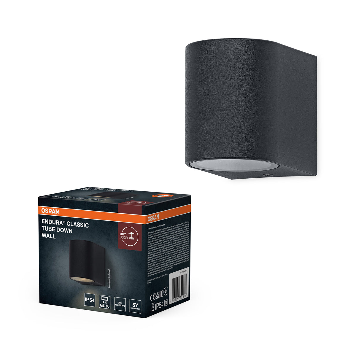 Lámpara de pared para exterior ENDURA Classic Tube, gris oscuro, casquillo GU10, IP54, cubierta de cristal, carcasa de nailon con fibra de carbono, apta para 0-5 W, vida útil de 25 000 h, lista para instalar.