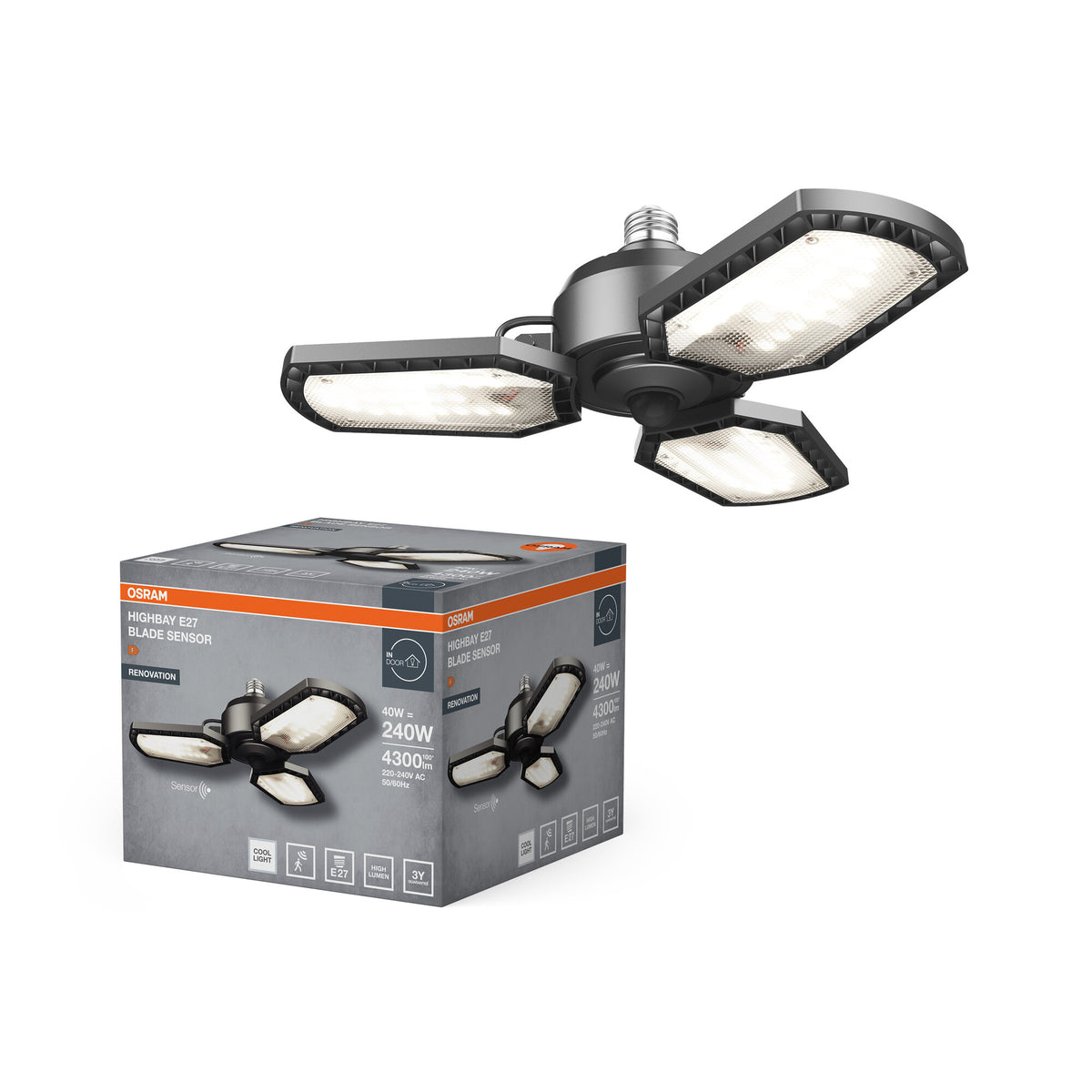 Lámpara de techo OSRAM con alas Highbay Blade Sensor negra, 4000 K, 4300 lm, 40 W, 33,75 cm de diámetro, aluminio