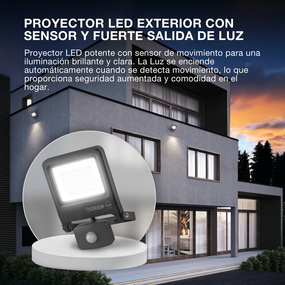 Proyector LED OSRAM ENDURA FLOOD PC 30W con sensor, blanco cálido 3000K, 3000 lúmenes, IP44, detector de movimiento de 9 m, temporizador de 5 s a 10 min