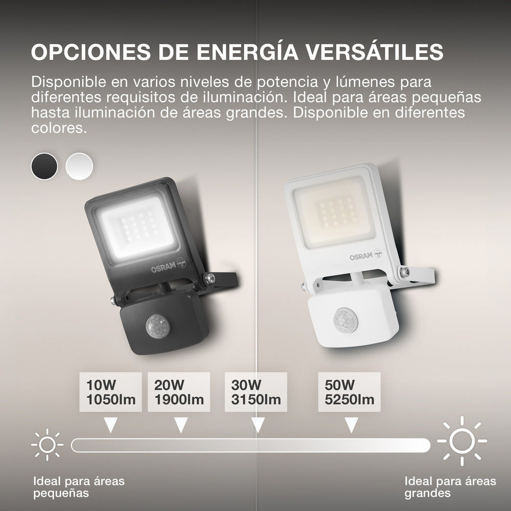 Proyector LED OSRAM ENDURA FLOOD PC 30W con sensor, blanco cálido 3000K, 3000 lúmenes, IP44, detector de movimiento de 9 m, temporizador de 5 s a 10 min