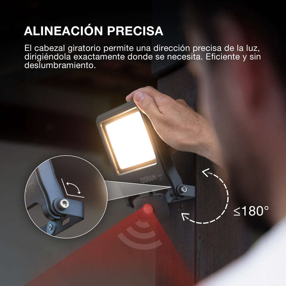 Proyector LED OSRAM ENDURA FLOOD PC 30W con sensor, blanco cálido 3000K, 3000 lúmenes, IP44, detector de movimiento de 9 m, temporizador de 5 s a 10 min