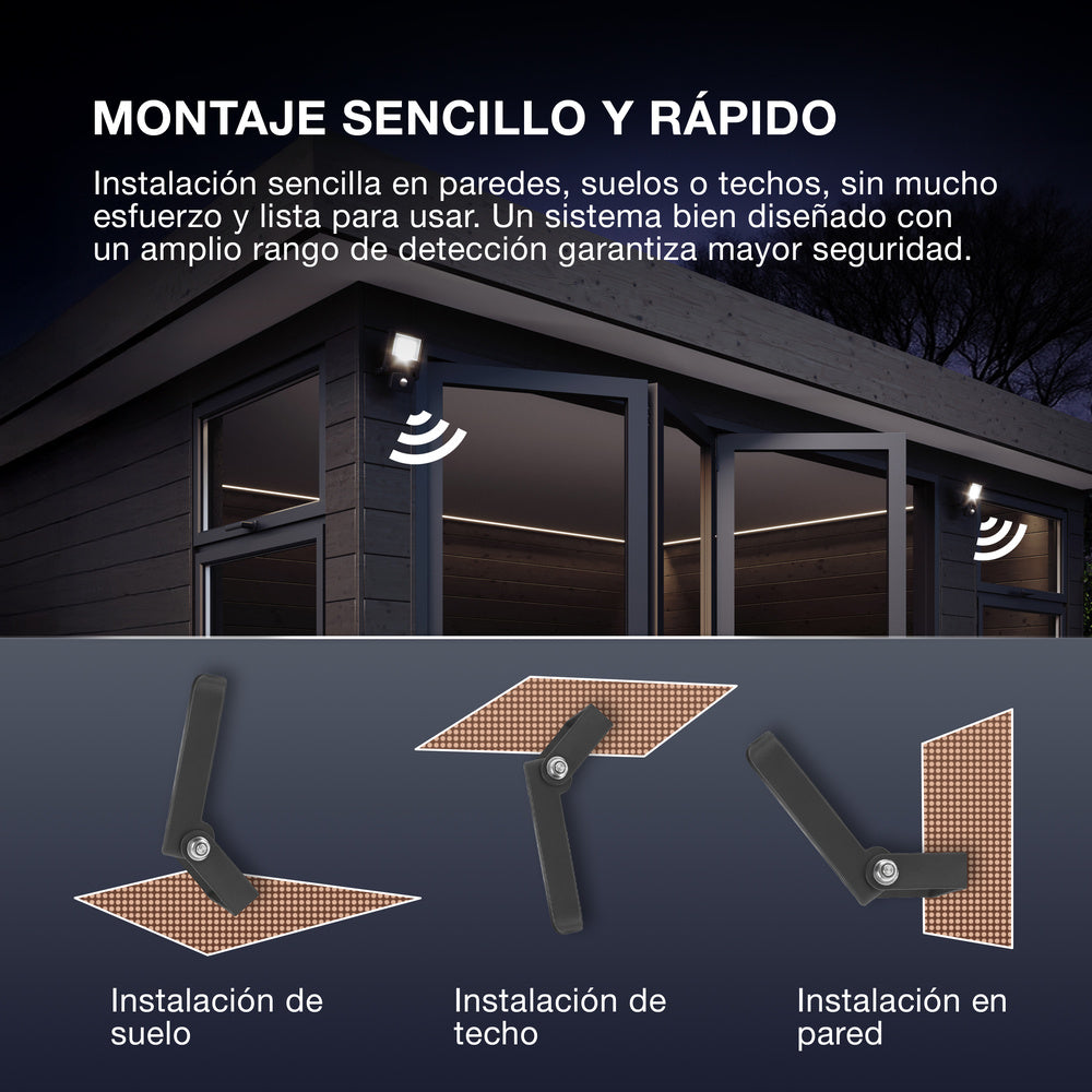 Proyector LED OSRAM ENDURA FLOOD PC 30W con sensor, blanco cálido 3000K, 3000 lúmenes, IP44, detector de movimiento de 9 m, temporizador de 5 s a 10 min