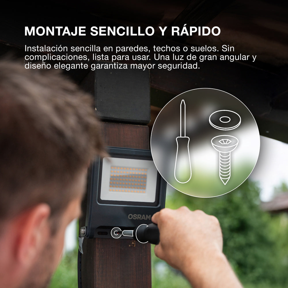Proyector LED OSRAM ENDURA FLOOD PC 50 W, blanco cálido 3000 K, 5000 lúmenes, protección IP65, cable de conexión de 1 m, blanco, 100 lm/W