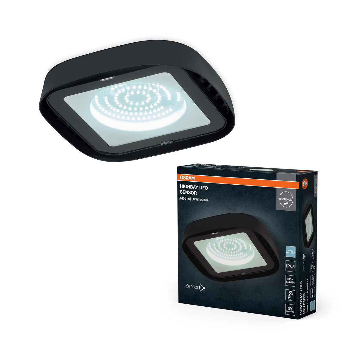Lámpara OSRAM negra, 6500 K, luz blanca natural, 80 W, aluminio, ángulo de haz de 110°, vida útil de 20 000 h, 220-240 V
