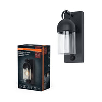 Lámpara de pared para exterior OSRAM, gris oscuro, E27, IP65, cristal, aluminio, sensor de movimiento PIR, sensor de luz natural, 25 000 h de vida útil, 0-40 W