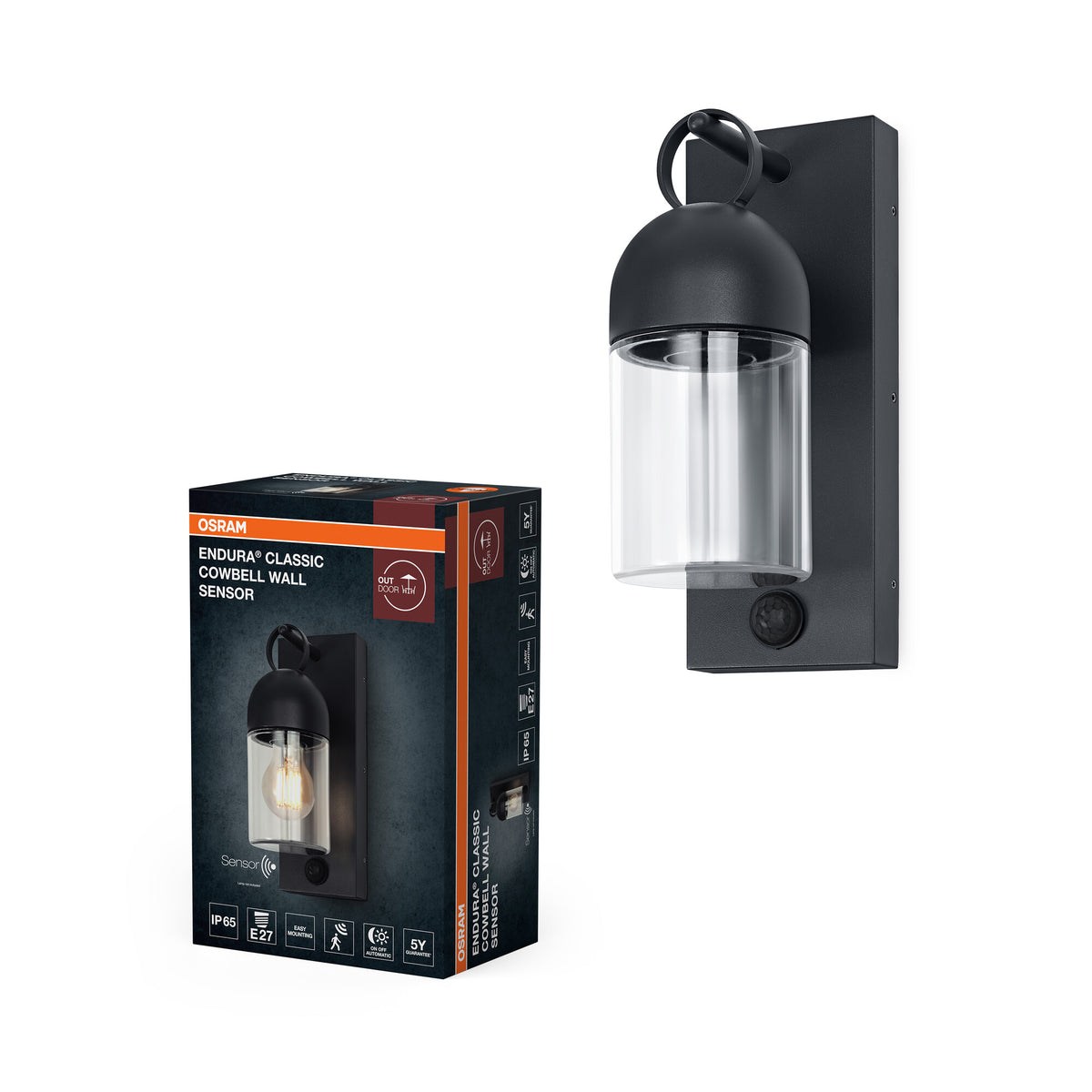 Lámpara de pared para exterior OSRAM, gris oscuro, E27, IP65, cristal, aluminio, sensor de movimiento PIR, sensor de luz natural, 25 000 h de vida útil, 0-40 W