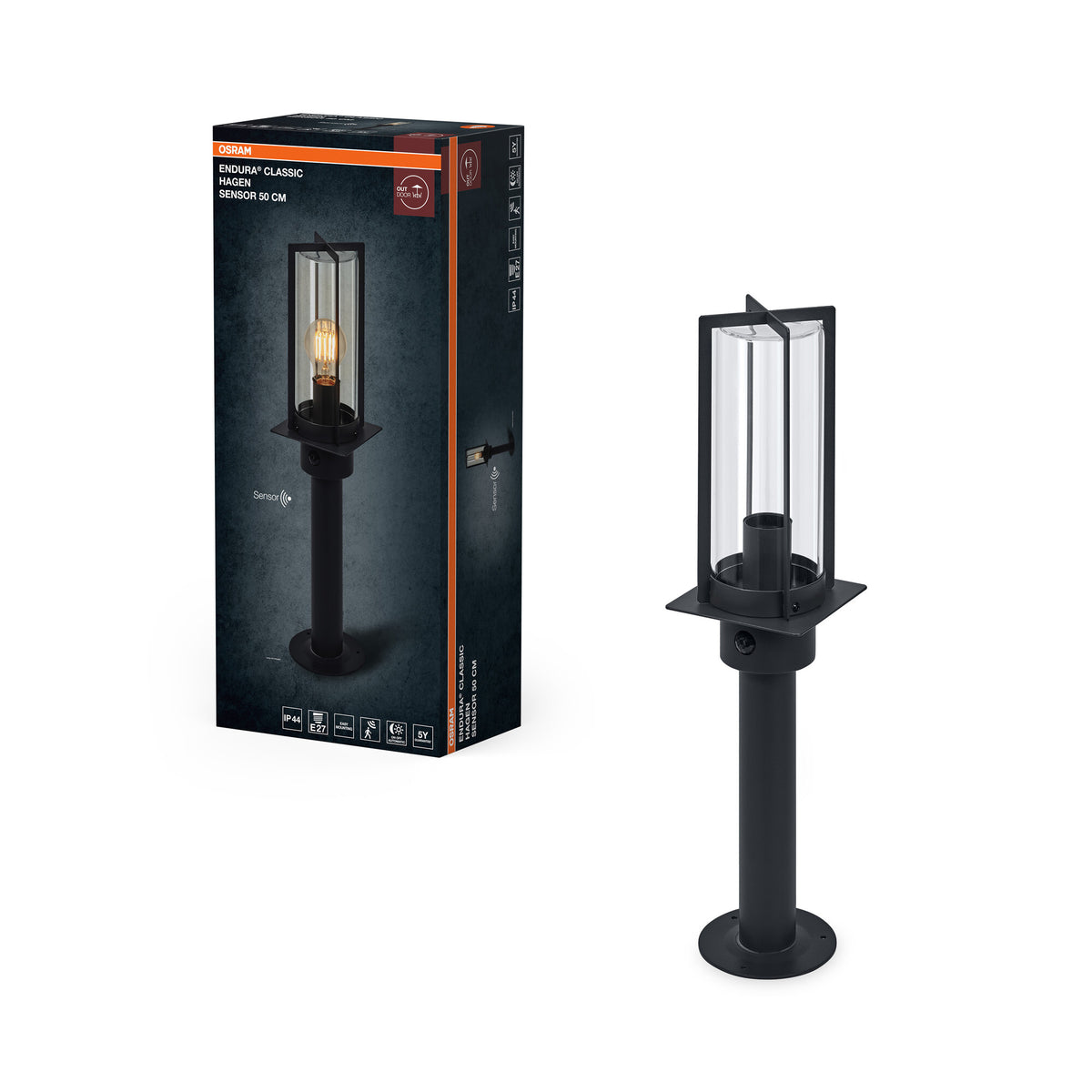 Lámpara de paso OSRAM, gris oscuro, E27, 50 cm, IP44, cubierta de cristal, sensor de movimiento PIR, 220–240 V, 0-40 W, 25 000 h de vida útil, IK03