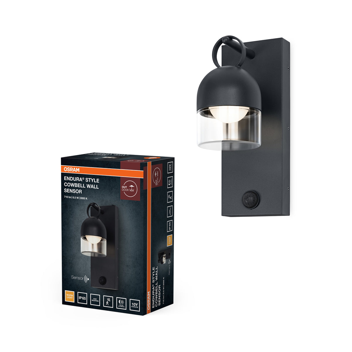 OSRAM Außenwandleuchte, Dark Grey, 6,5 W, 400 lm, 3000 K, 110° Abstrahlwinkel, IP65, 50. 000 h Lebensdauer, PIR‑Bewegungsmelder, Glas, Aluminium