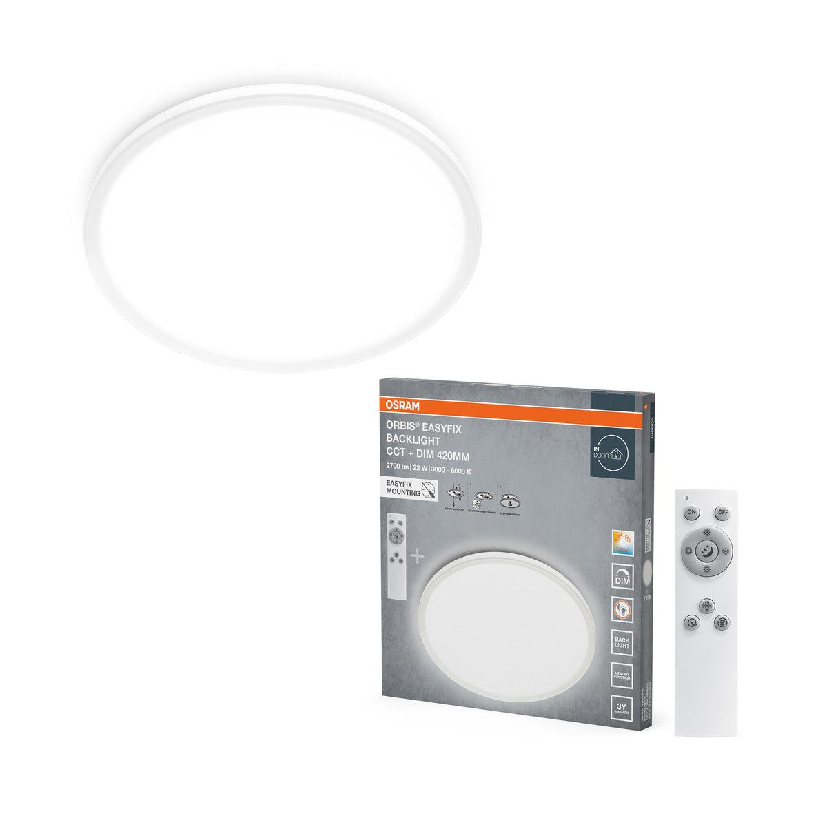 Lámpara de techo OSRAM ORBIS EASYFIX LED con retroiluminación, 42 cm, 22 W, CCT + DIM, mando a distancia, blanca