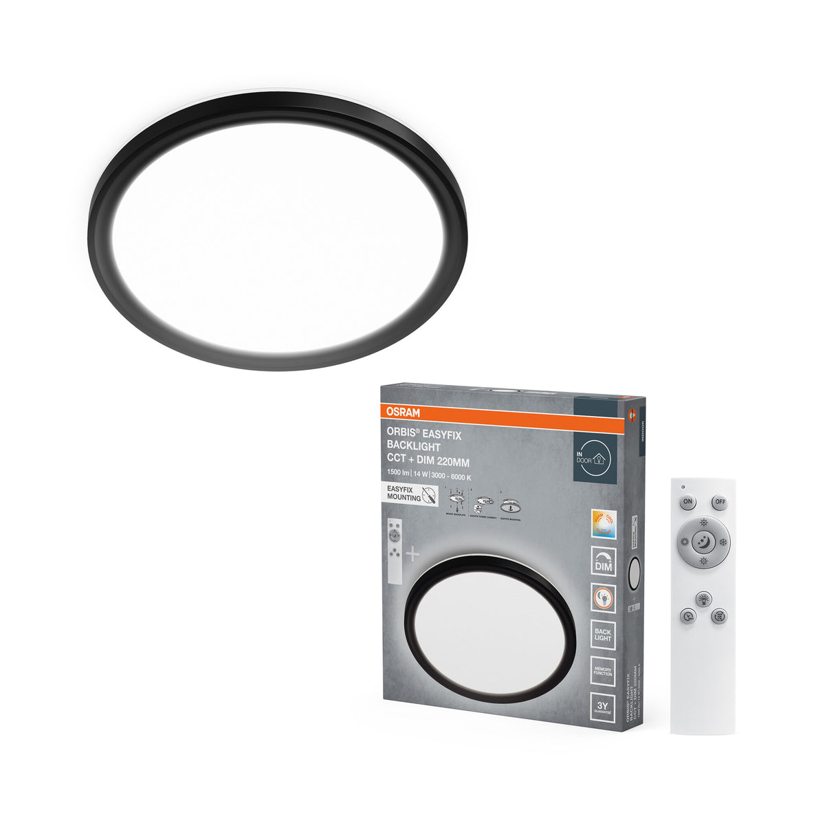 Lámpara de techo OSRAM ORBIS EASYFIX LED con retroiluminación, 22 cm, 14 W, CCT + DIM, mando a distancia, negra