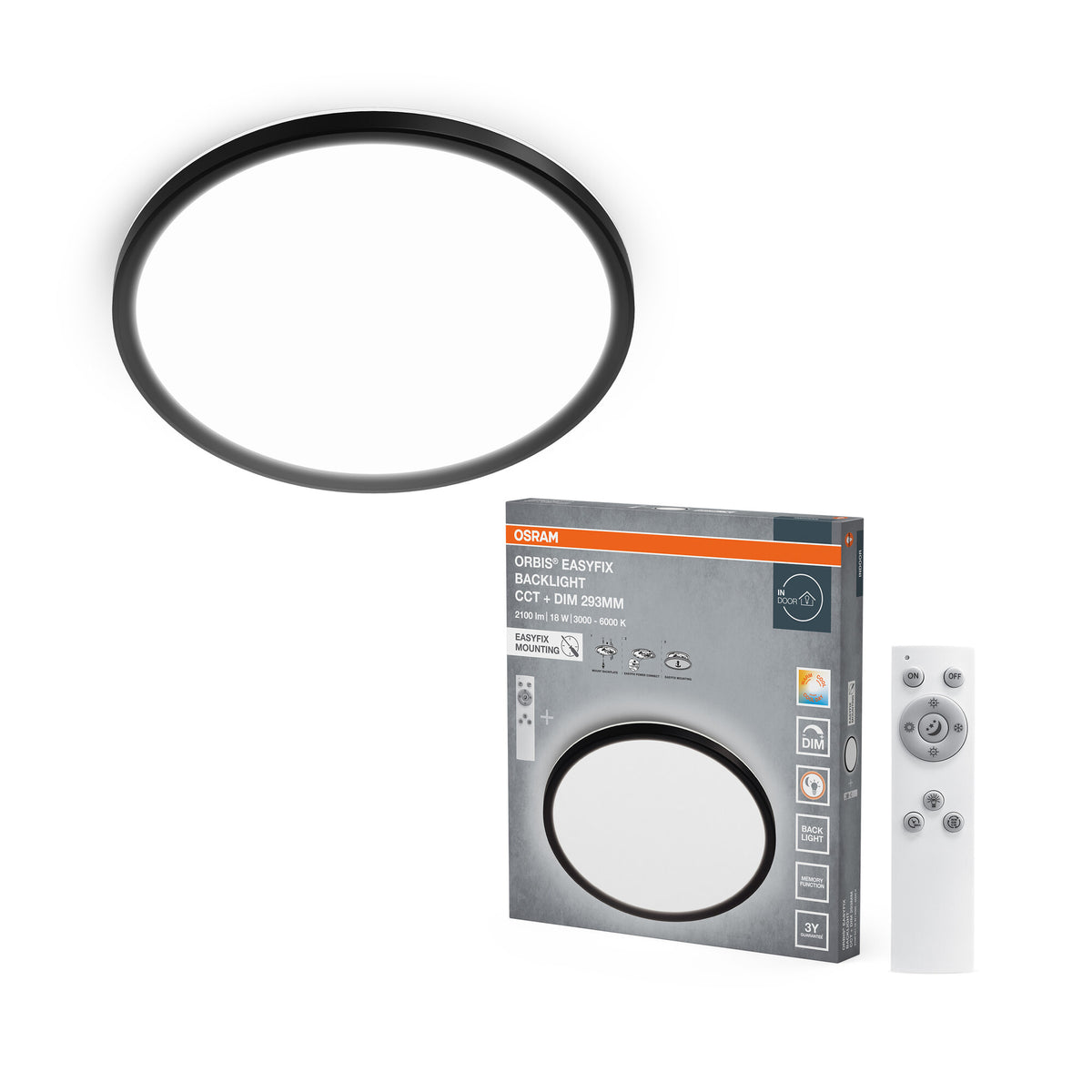 Lámpara de techo OSRAM ORBIS EASYFIX LED con retroiluminación, 29,3 cm, 18 W, CCT + DIM, mando a distancia, negra