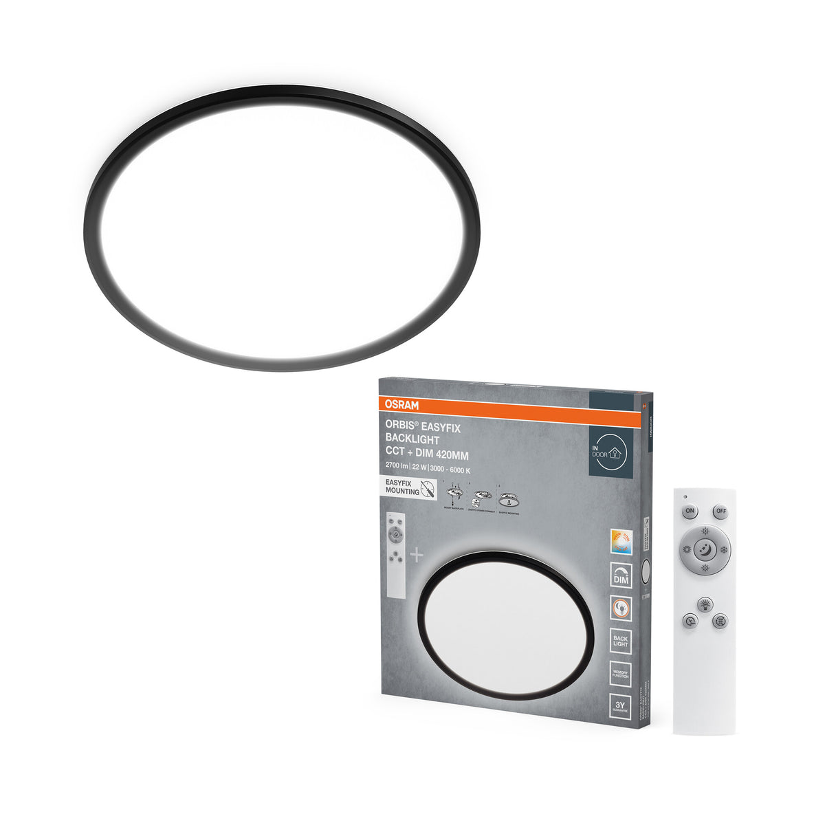 Lámpara de techo OSRAM ORBIS EASYFIX LED con retroiluminación, 42 cm, 22 W, regulable por CCT y con mando a distancia, negra