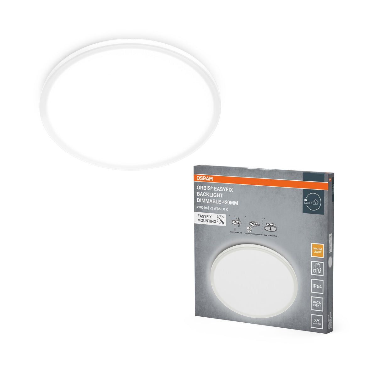 Lámpara de techo OSRAM ORBIS EASYFIX con retroiluminación LED, 42 cm, 22 W, regulable, blanco cálido, IP54, color blanco