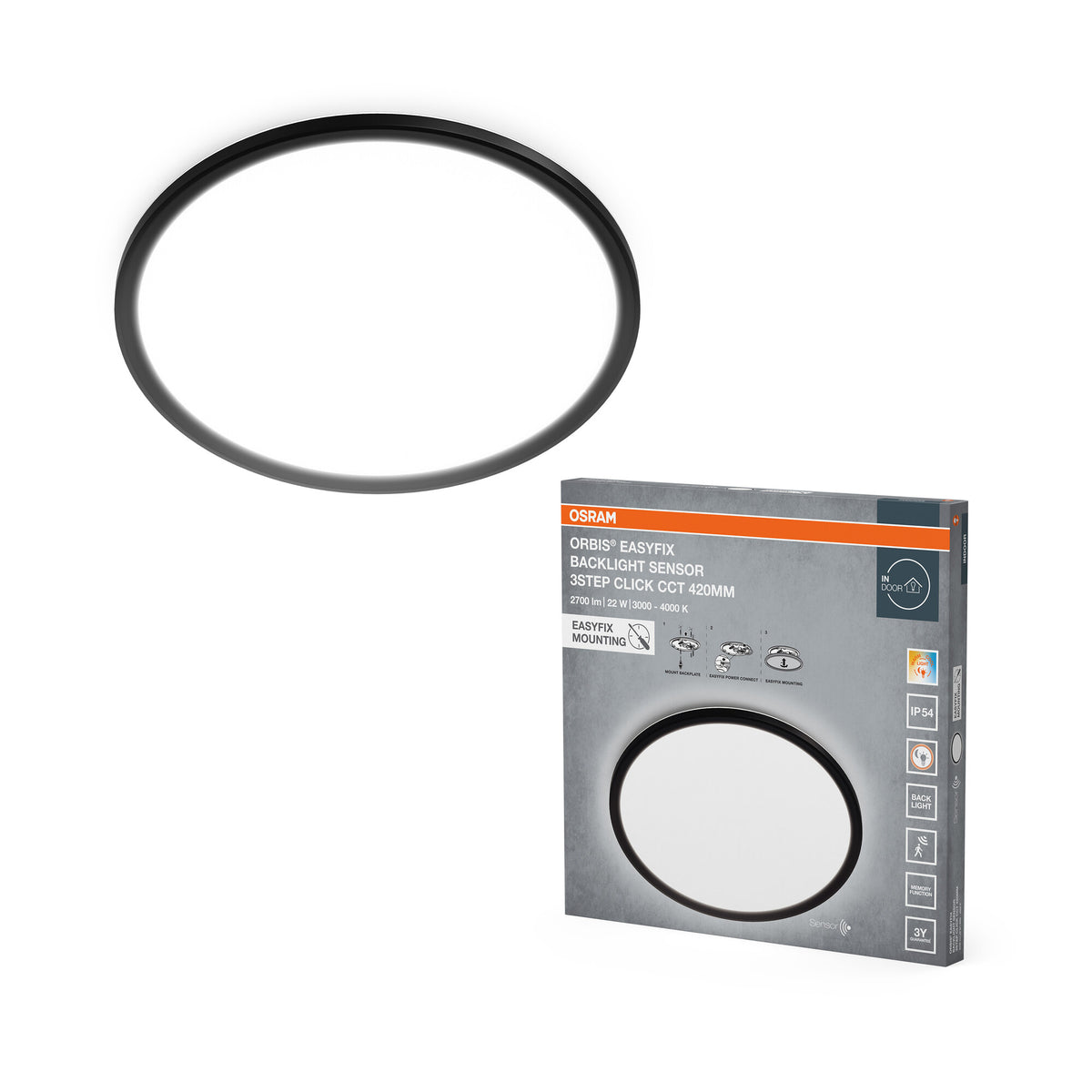 Lámpara de techo OSRAM ORBIS EASYFIX LED con retroiluminación, 42 cm, 22 W, 3Step Click, sensor CCT, IP54, negra