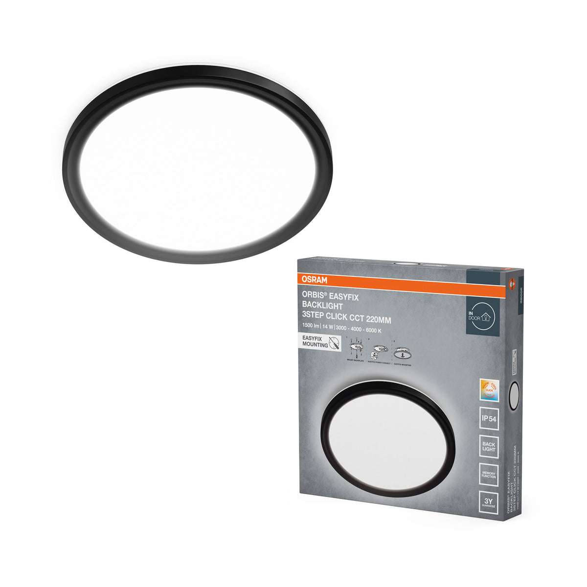 Lámpara de techo OSRAM ORBIS EASYFIX LED con retroiluminación, 22 cm, 14 W, 3Step Click, CCT, IP54, negra