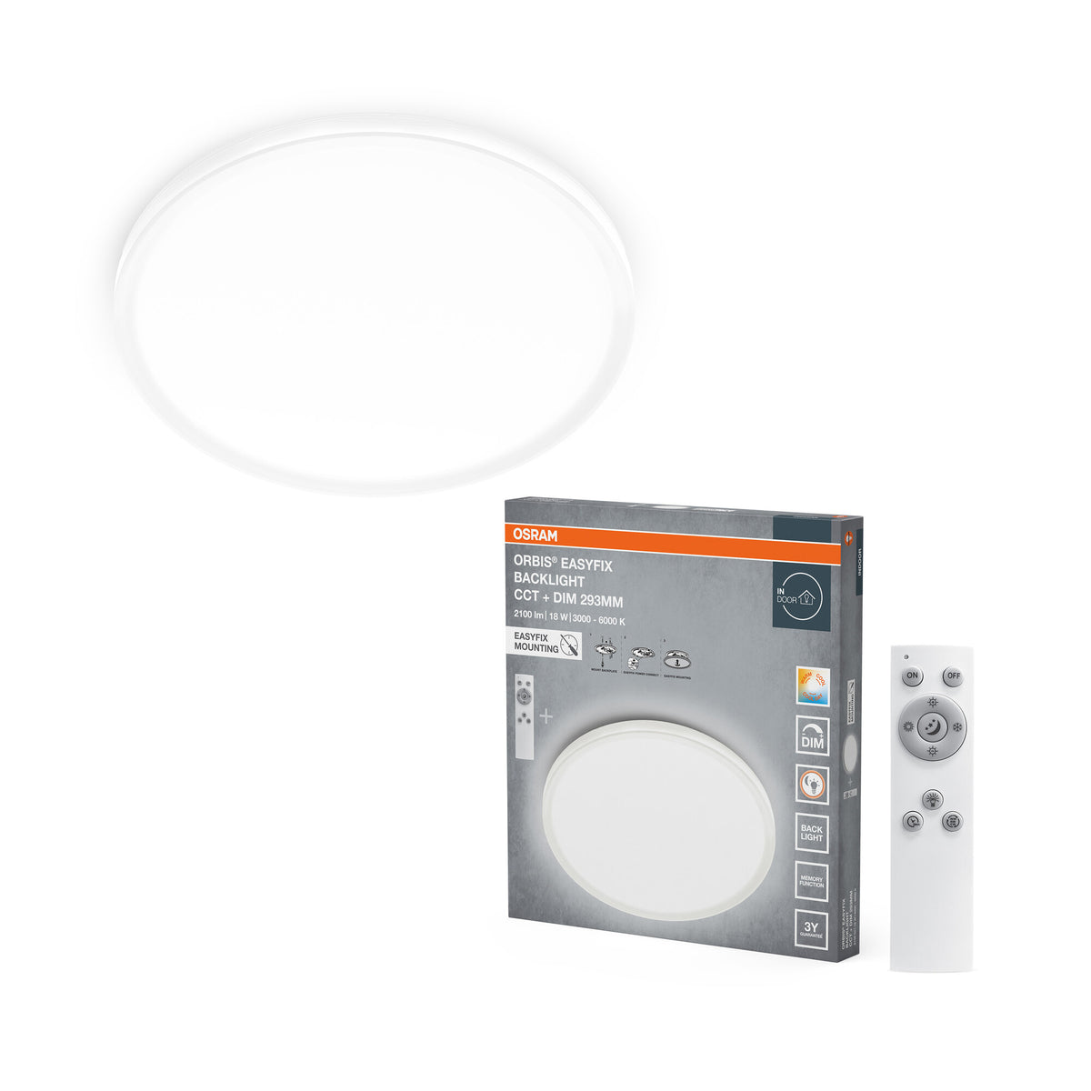 Lámpara de techo OSRAM ORBIS EASYFIX LED con retroiluminación, 29,3 cm, 18 W, CCT + DIM, mando a distancia, blanca