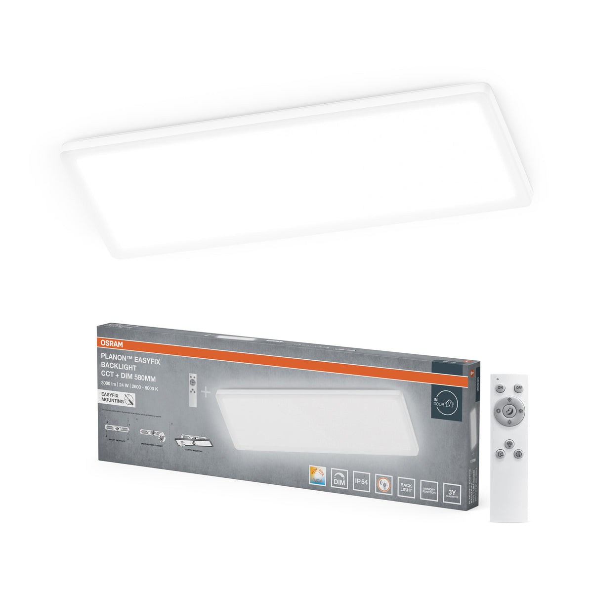 Lámpara de techo OSRAM PLANON EASYFIX LED Panel Backlight, 24 W, 58 cm, CCT + DIM, mando a distancia, IP54, blanca