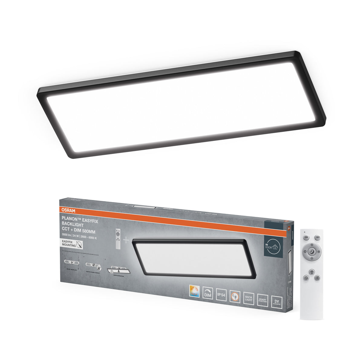 Lámpara de techo OSRAM PLANON EASYFIX LED Panel Backlight, 24 W, 58 cm, CCT + DIM, mando a distancia, IP54, negra