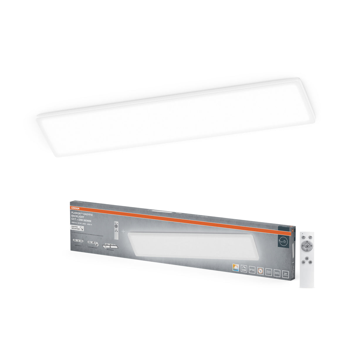 Lámpara de techo OSRAM PLANON EASYFIX LED Panel Backlight, 98 cm, 30 W, CCT + DIM, IP54, mando a distancia, blanca