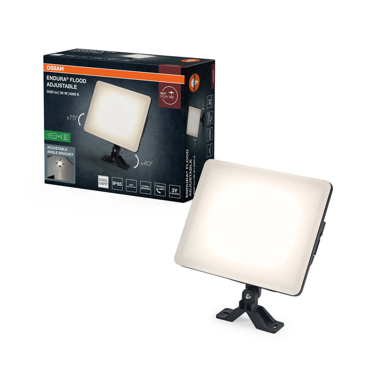 OSRAM ENDURA Flood Adjustable LED-Fluter, 50W, 4250lm, 4000K Kaltweiß, Schwarz, Aluminium, schwenkbar, IP65