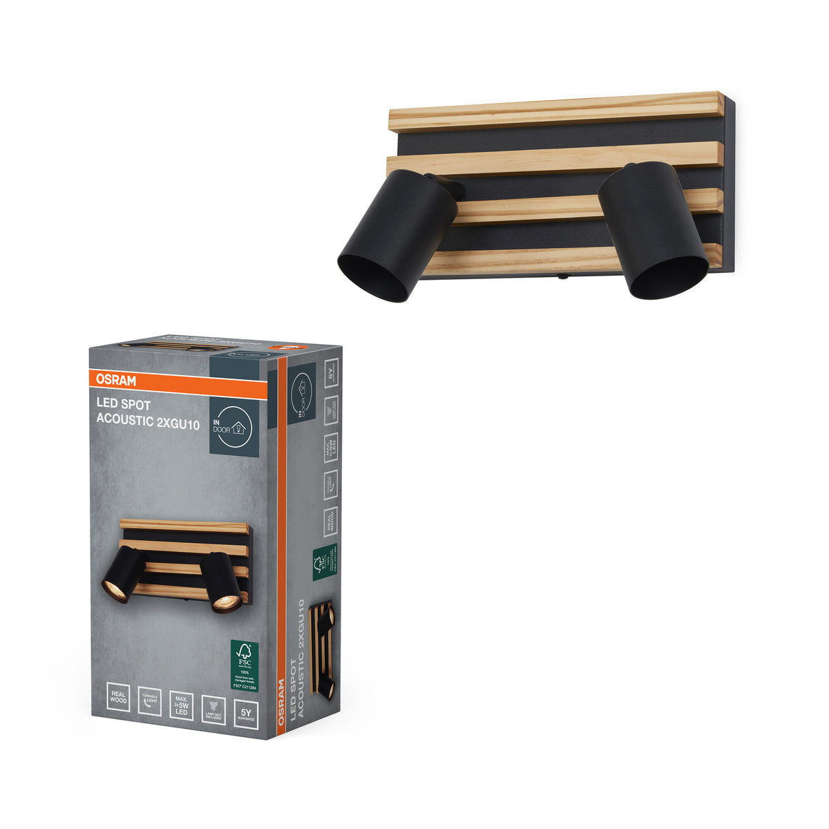 OSRAM LED Spot Acoustic Negro/acabado en madera, acero y madera de pino, 220-240 V, GU10, conexión por pinzas, 3 polos (L, N, PE)