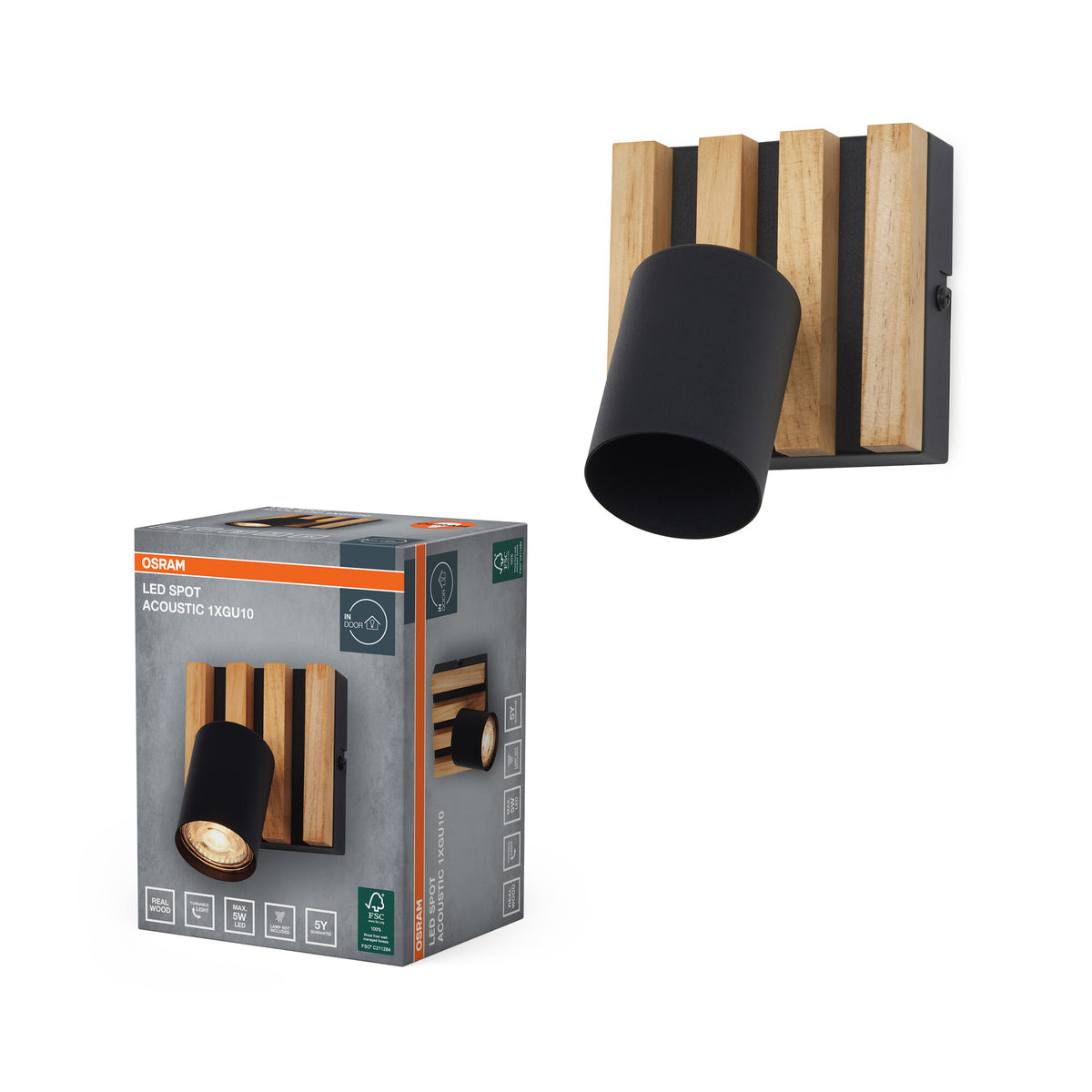 OSRAM LED Spot Acoustic Negro/acabado en madera, acero y madera de pino, 220-240 V, GU10, conexión por pinzas, 3 polos (L, N, PE)