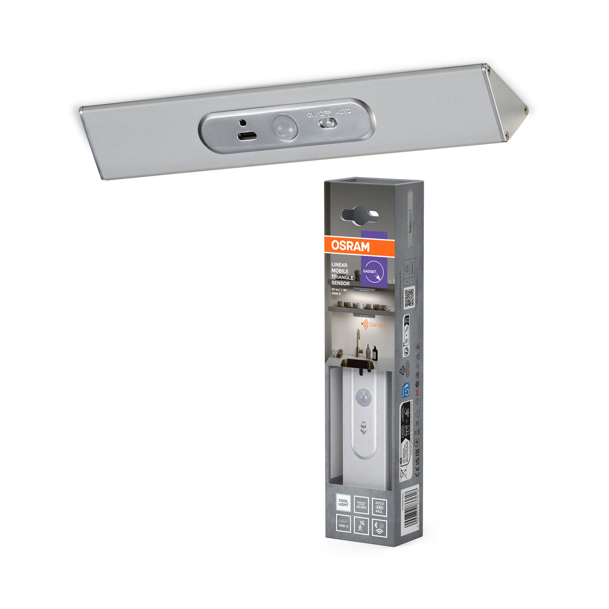 Lámpara empotrada OSRAM Linearled Mobile Triangle plateada, 20,5 cm x 2,57 cm, blanco frío, 4000 K, LED integrado, 50 lm