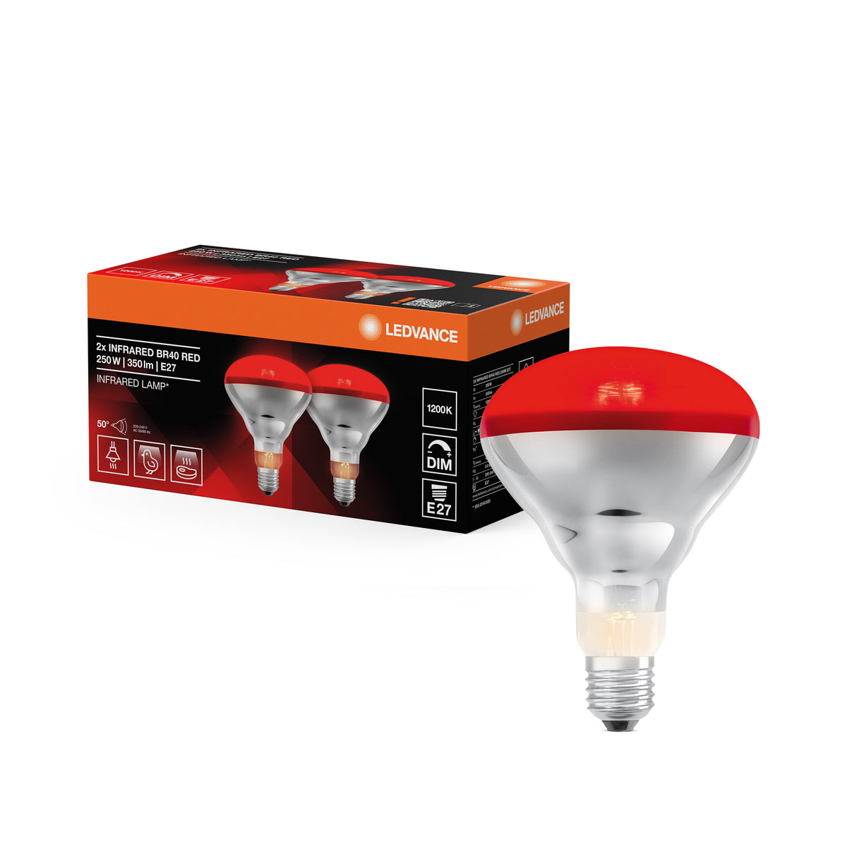 LEDVANCE Lámpara de infrarrojos, lámpara de calor 1200 K, 250 W, 12,5 cm de diámetro, vidrio, ángulo de haz de 50°, vida útil de 5.000 h, 240 V, E27, IP20