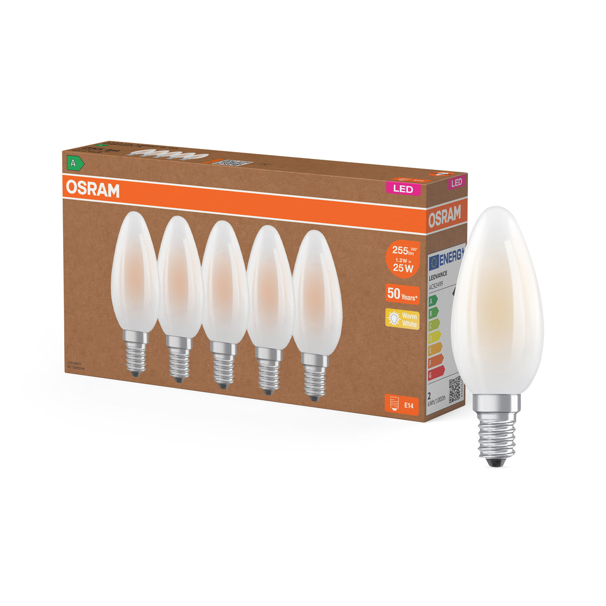 Lámpara LED OSRAM Classic B 25 Filamento Clase de eficiencia energética A Paquete de 5, E14, cristal, esmerilado, 1,2 W (antes 25 W), 255 lm