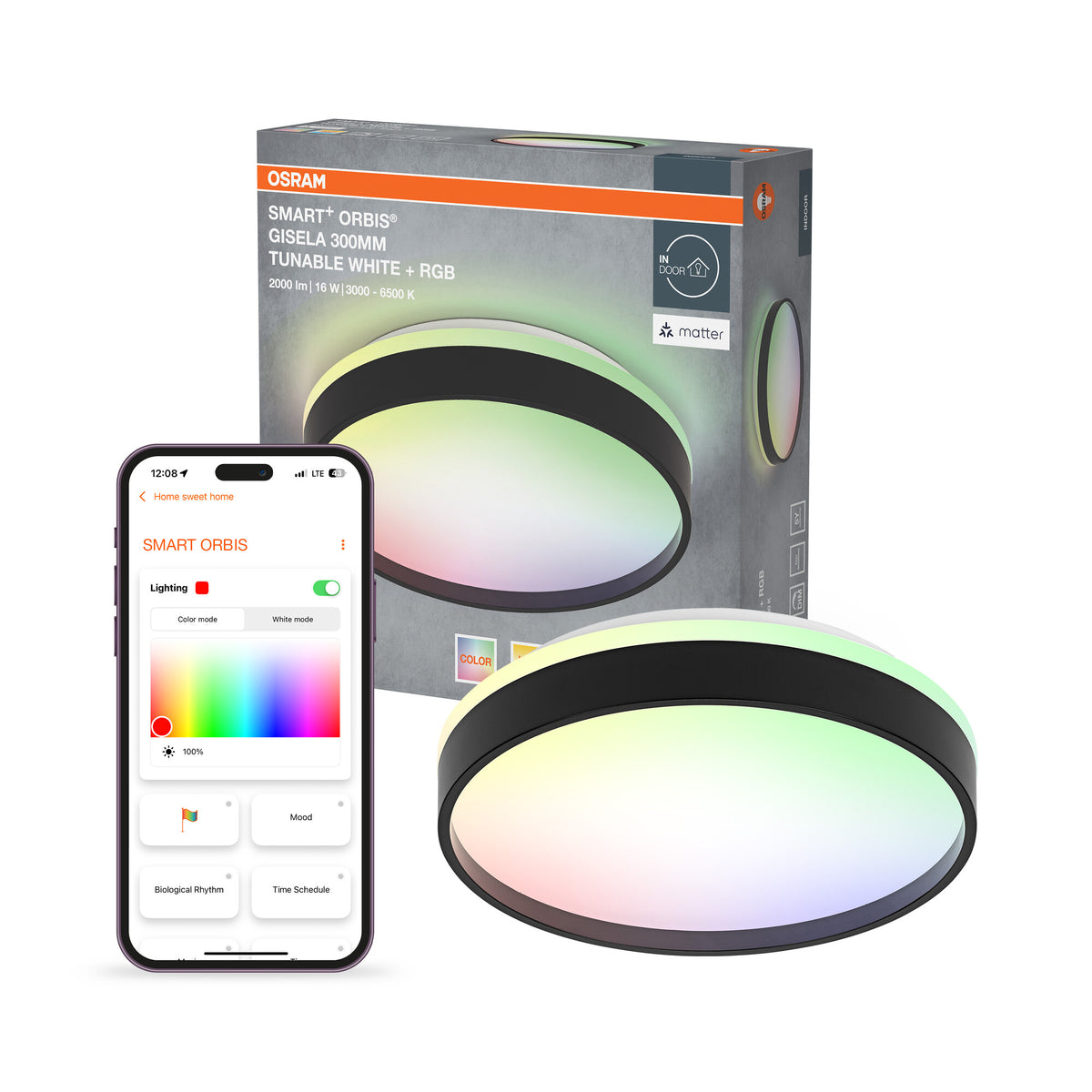OSRAM SMART+ Matter Deckenleuchte Ceiling Schwarz, 3000-6500, RGBTW, 1000 lm, 16 W, 30 cm Durchmesser