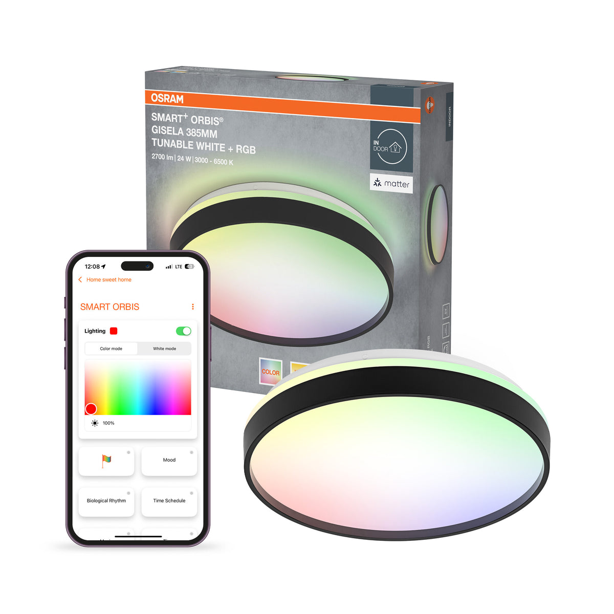 OSRAM SMART+ Matter Deckenleuchte Ceiling Schwarz, 3000-6500, RGBTW, 1500 lm, 24 W, 38,5 cm Durchmesser