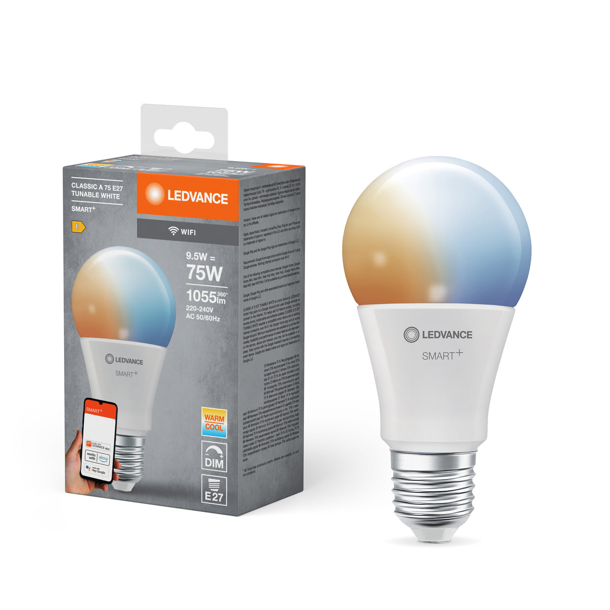 LEDVANCE SMART+ WiFi Classic Temperatura de color regulable  en forma de A, bombilla LED, mate, 9,5 W, (equivalente a 75 W), 1055 lm, Temperatura de color regulable , Wi-Fi, compatible con altavoces inteligentes, regulable