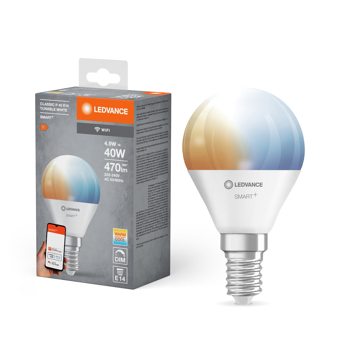 LEDVANCE SMART+ Mini bombilla WiFi Temperatura de color regulable  con forma de P, bombilla LED, mate, 4,9 W, (equivalente a 40 W), 470 lm, Temperatura de color regulable , de 2700 a 6500 K, WiFi, regulable