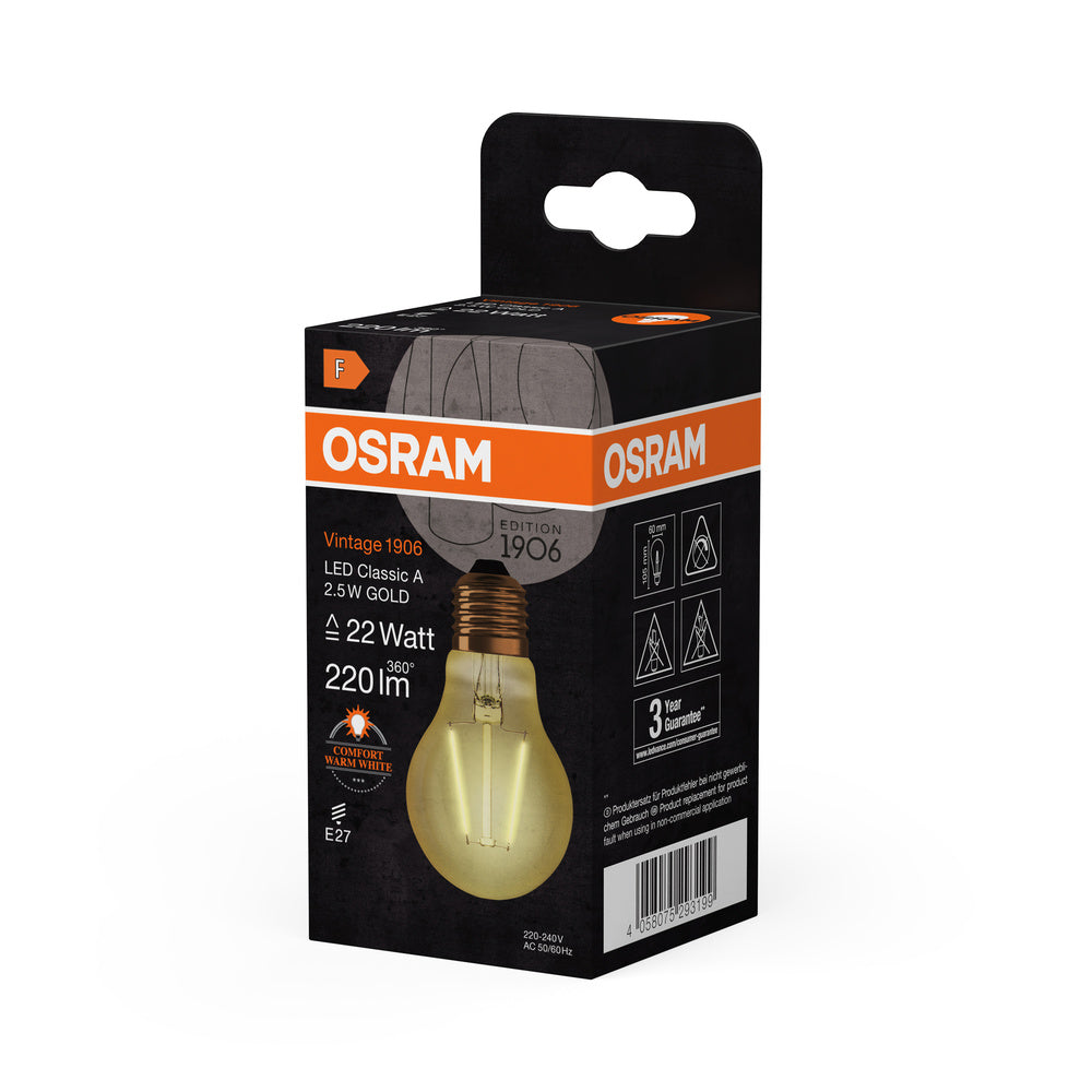 OSRAM VINTAGE 1906® LED Lampe LED CLASSIC A 2.5W 824 Gold E27, 220 lm, 2400 K, Warm Comfort Light-LEDVANCE Shop