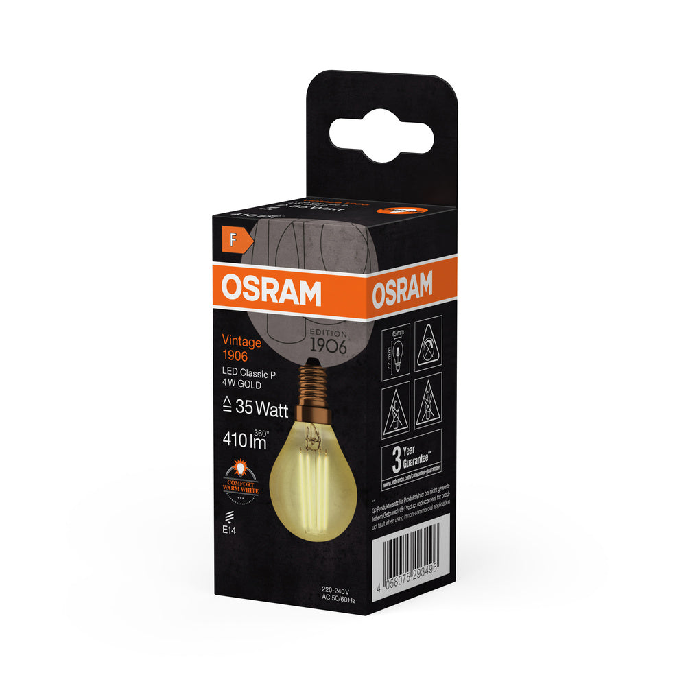 OSRAM VINTAGE 1906® LED Lampe LED CLASSIC P 4W 824 Gold E14, 410 lm, 2400 K, Warm Comfort Light-LEDVANCE Shop
