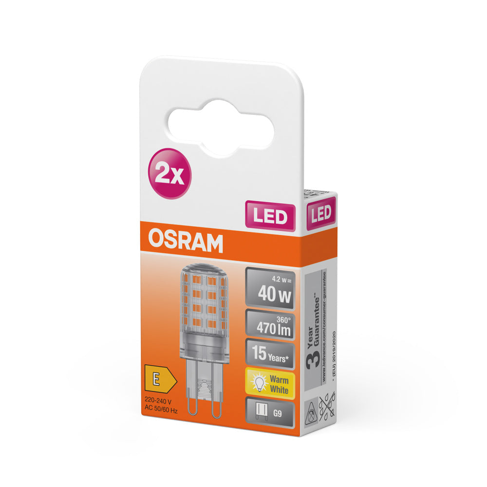 OSRAM LED Stiftsockellampe PIN G9 4.2W 827 Clear G9, 470 lm, 2700 K, Warmweiß, 2er Pack-LEDVANCE Shop