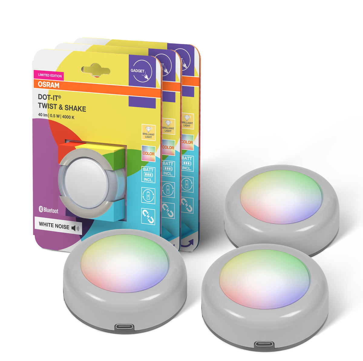 OSRAM Bluetooth SMART DOT-IT TWIST & SHAKE, punto recargable, función de ruido blanco, RGBW, 4000K, paquete de 3